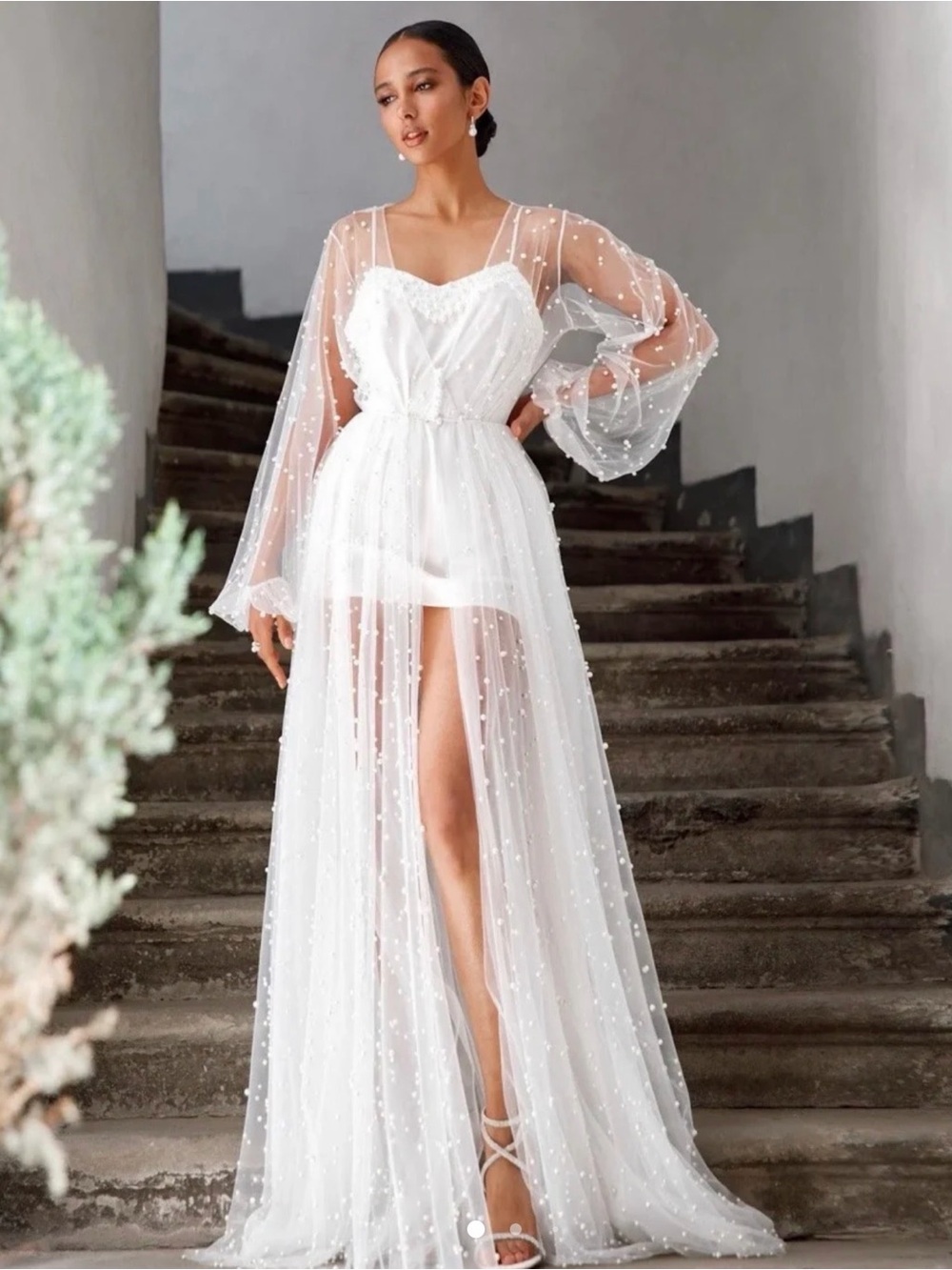 Voir Clarise Robe White Sheer Beaded Maxi Robe with Pearls